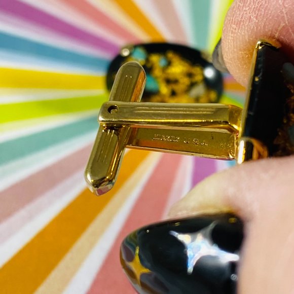 Vintage Hickok TURQUOISE CHIP GOLD FLAKE Confetti mens Cufflinks Rare 50's 60's - Picture 3 of 4